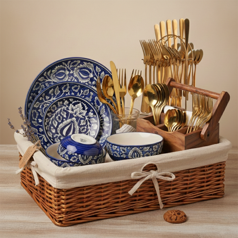 The Indigo Regal luxury hosting gift hamper featuring a heritage blue and white ceramic dinner set, luxe gold cutlery, and a wooden spoon stand, beautifully arranged in a woven wicker basket.