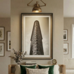 Black and white vintage urban skyscraper facade wall art in a wooden frame