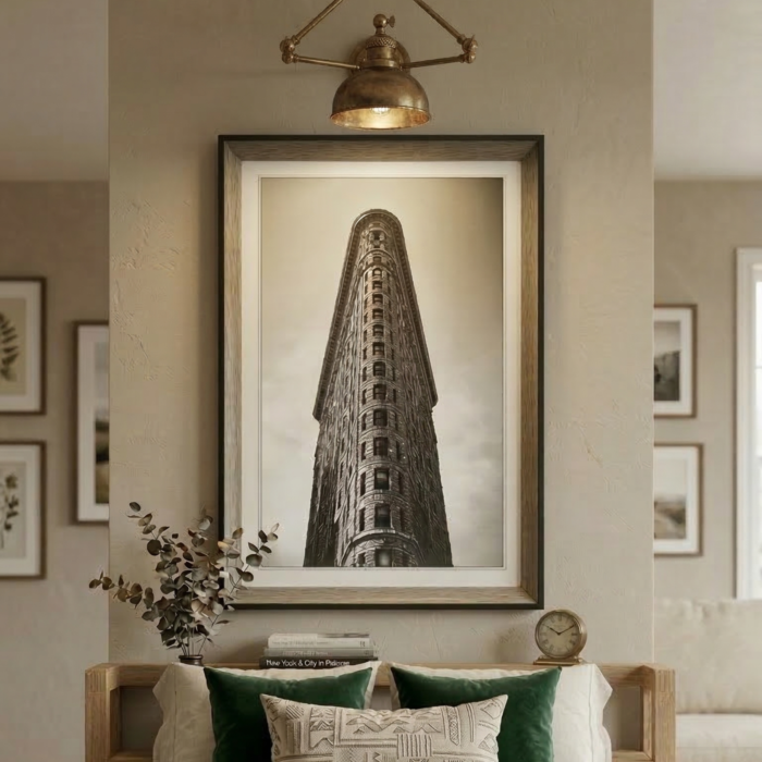 Black and white vintage urban skyscraper facade wall art in a wooden frame
