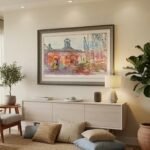 Sunset Courtyard vintage European architecture line art illustration in a premium wooden frame by Intaryaa