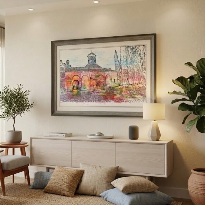 Sunset Courtyard vintage European architecture line art illustration in a premium wooden frame by Intaryaa