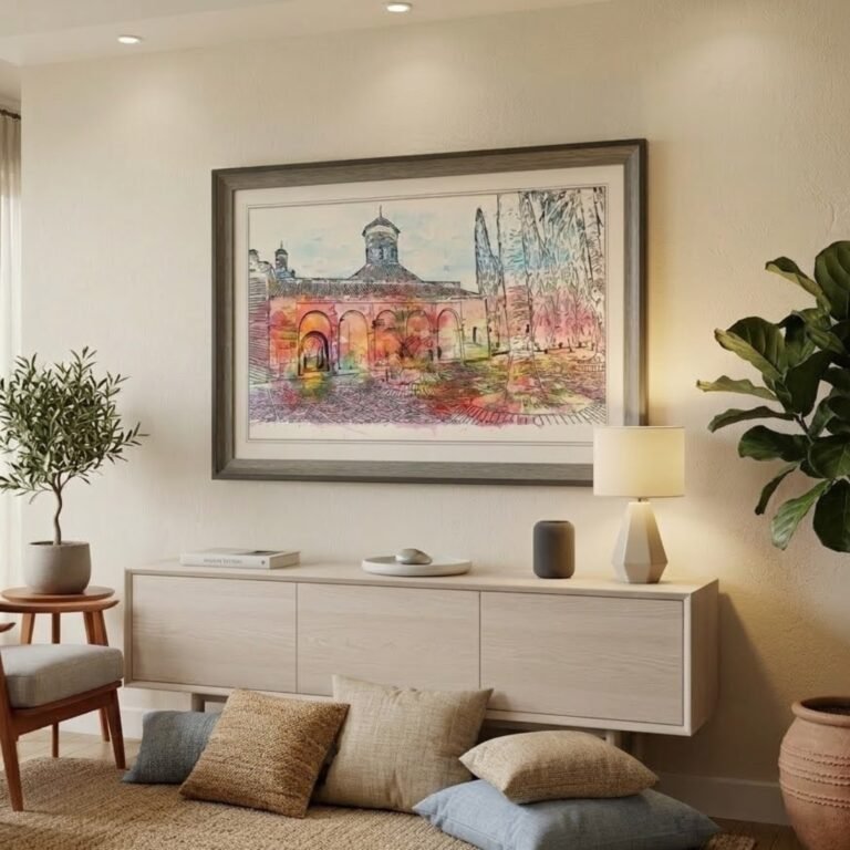 Sunset Courtyard vintage European architecture line art illustration in a premium wooden frame by Intaryaa