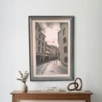Old Town Walk vintage European architecture street scene line art in a premium wooden frame by Intaryaa