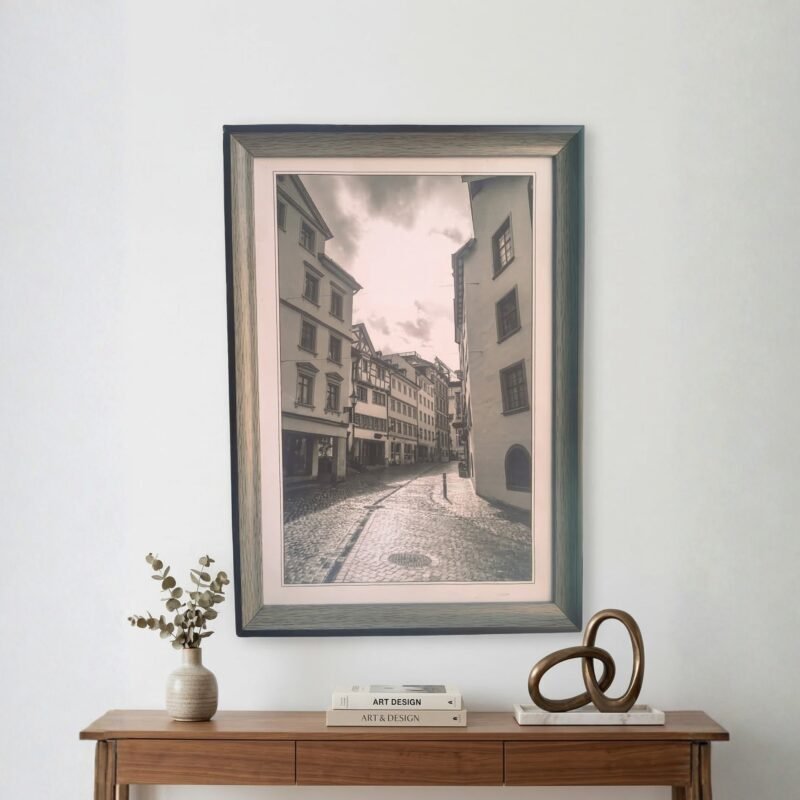 Old Town Walk vintage European architecture street scene line art in a premium wooden frame by Intaryaa
