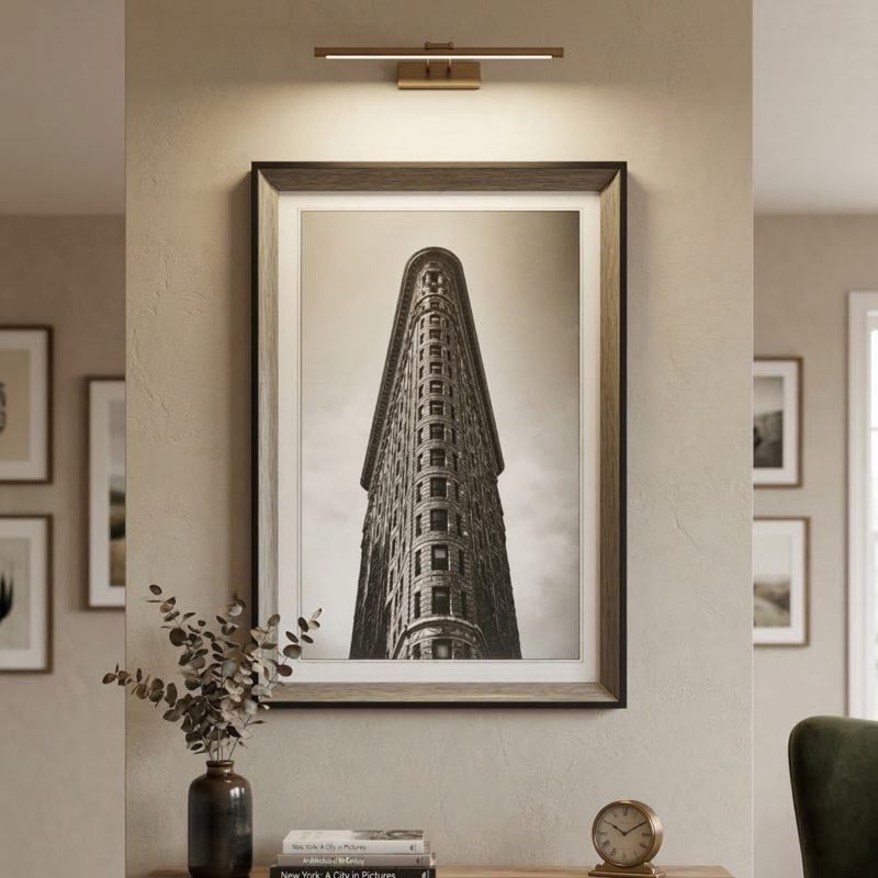 Black and white vintage urban skyscraper facade wall art in a wooden frame