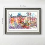 Framed minimalist artwork of a serene historic European courtyard for home decor