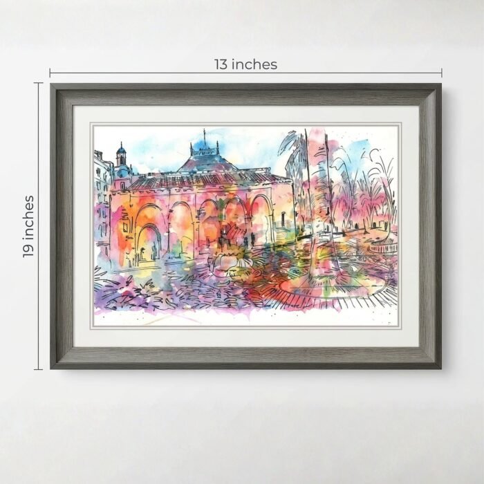 Framed minimalist artwork of a serene historic European courtyard for home decor