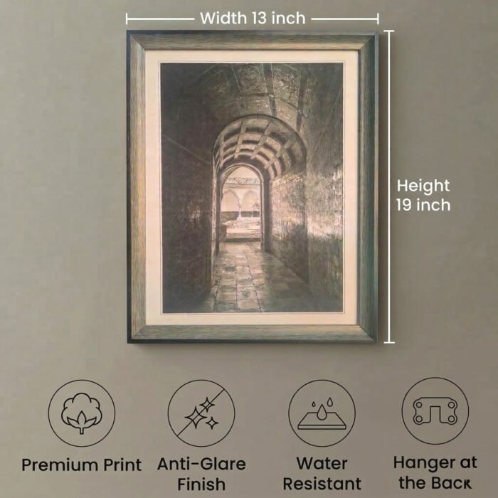 Black and white vintage architectural corridor wall art in a wooden frame