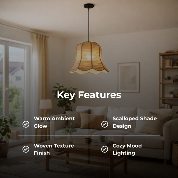 Intaryaa Scalloped Rattan Pendant Light – Woven Bell Hanging light for Living Room & Dining Decor - Image 3