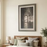 Framed minimalist illustration of a historic European archway and courtyard for home decor