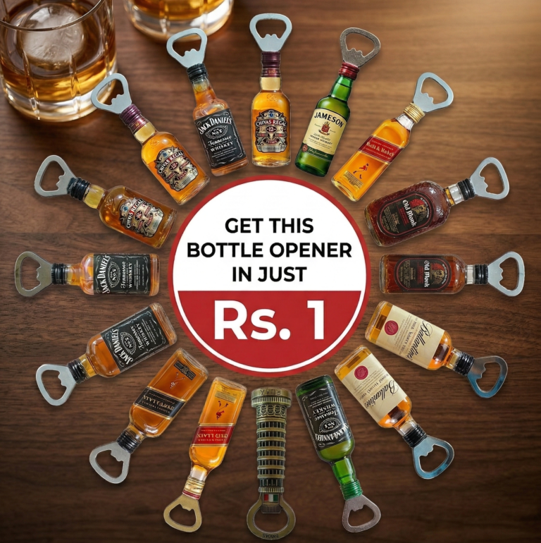 Collection of miniature liquor brand magnetic bottle openers arranged in a circle for a 1 Rupee flash sale.