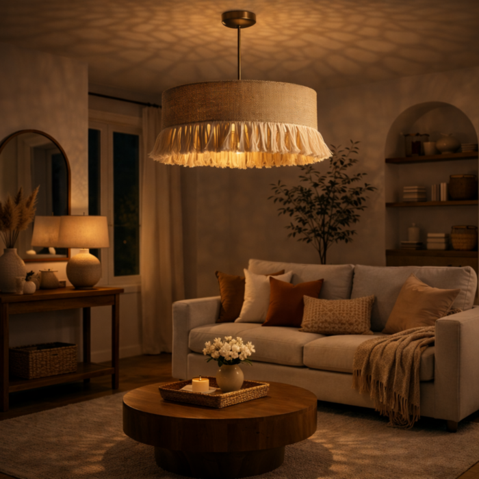 Tasseled Drum Hanging Lamp Sustainable Fiber Ceiling Light - Image 1