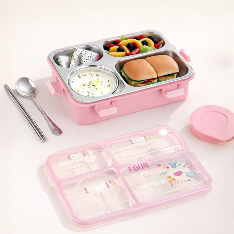Kids Leakproof Lunch Box with 4 Compartments, Stainless Steel Tray & Spoon