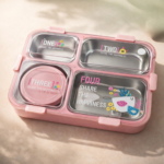 Kids Leakproof Lunch Box with 4 Compartments, Stainless Steel Tray & Spoon