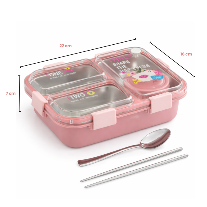 Kids Leakproof Lunch Box with 4 Compartments, Stainless Steel Tray & Spoon