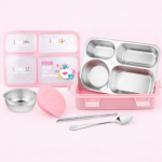 Kids Leakproof Lunch Box with 4 Compartments, Stainless Steel Tray & Spoon