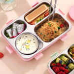 Kids Leakproof Lunch Box with 4 Compartments, Stainless Steel Tray & Spoon