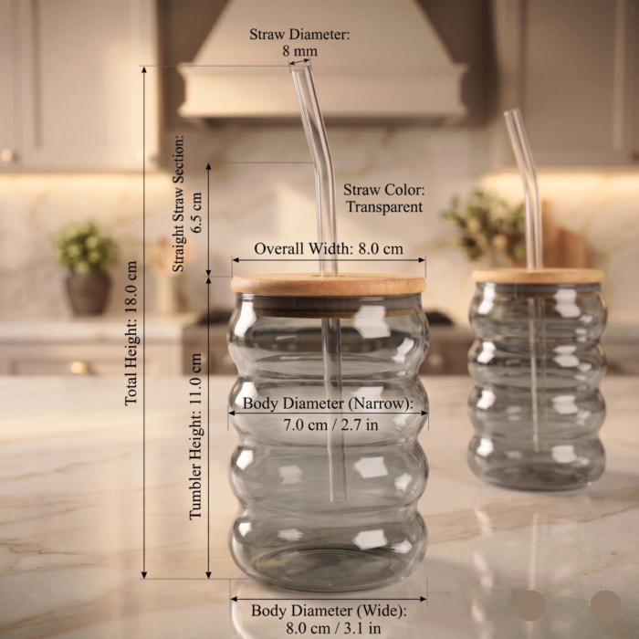 Aurora Smoky Grey Ribbed Glass Tumbler Set of 2 with Lid & Straw | Infuser Glass for Water, Juice & Iced Beverages - Image 2
