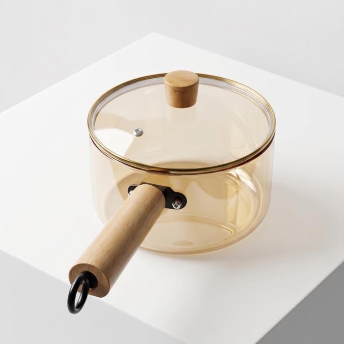 Borosilicate Glass Saucepan with Lid & Wooden Handle | Heat Resistant Cooking Pot for Milk, Tea & Sauce - Image 1
