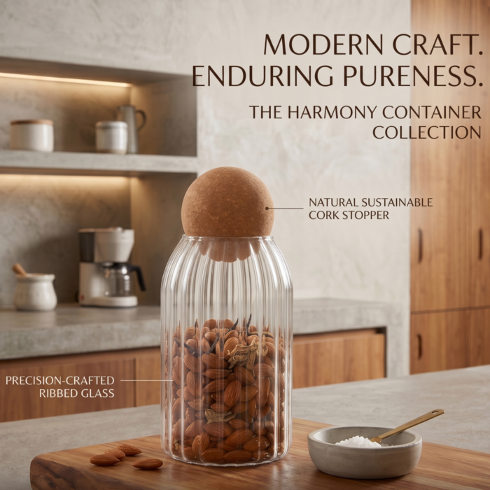 Glass Storage Jars with Cork Lid (Set of 2) | Ribbed Glass Containers for Dry Fruits, Spices & Kitchen Storage - Image 6