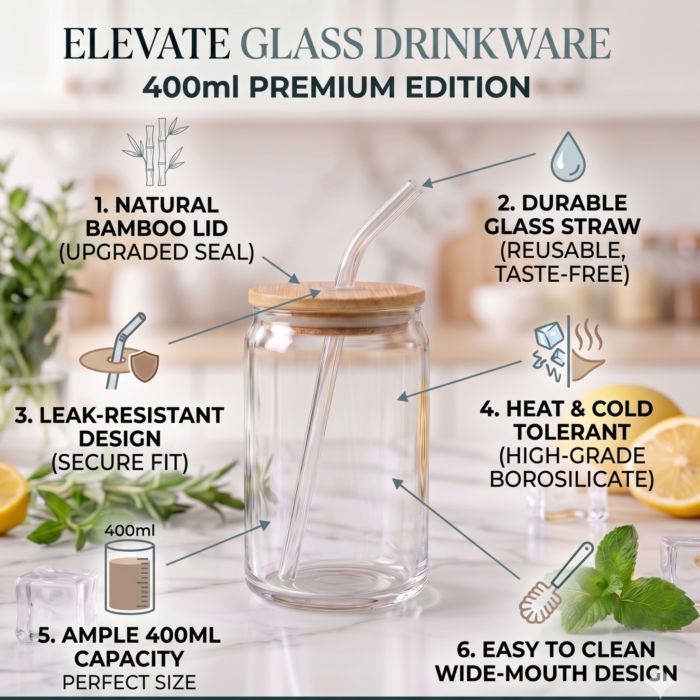 Eco-Chic Glass Tumbler Set of 2 with Bamboo Lid & Straw | Reusable Drinking Glass for Juice, Smoothie & Infused Water - Image 3