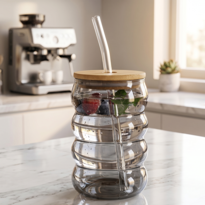 Aurora Smoky Grey Ribbed Glass Tumbler Set of 2 with Lid & Straw | Infuser Glass for Water, Juice & Iced Beverages - Image 1