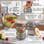 Aurora Smoky Grey Ribbed Glass Tumbler Set of 2 with Lid & Straw | Infuser Glass for Water, Juice & Iced Beverages - Image 3