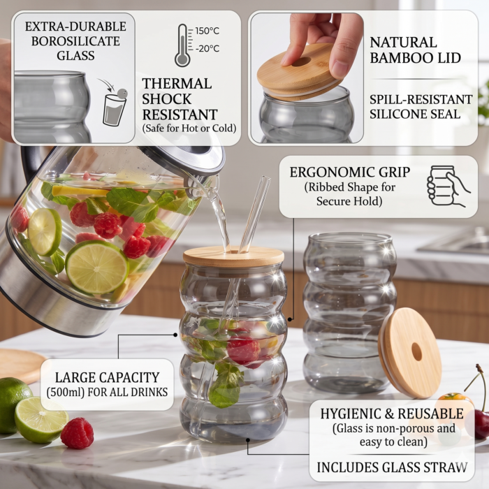 Aurora Smoky Grey Ribbed Glass Tumbler Set of 2 with Lid & Straw | Infuser Glass for Water, Juice & Iced Beverages - Image 3