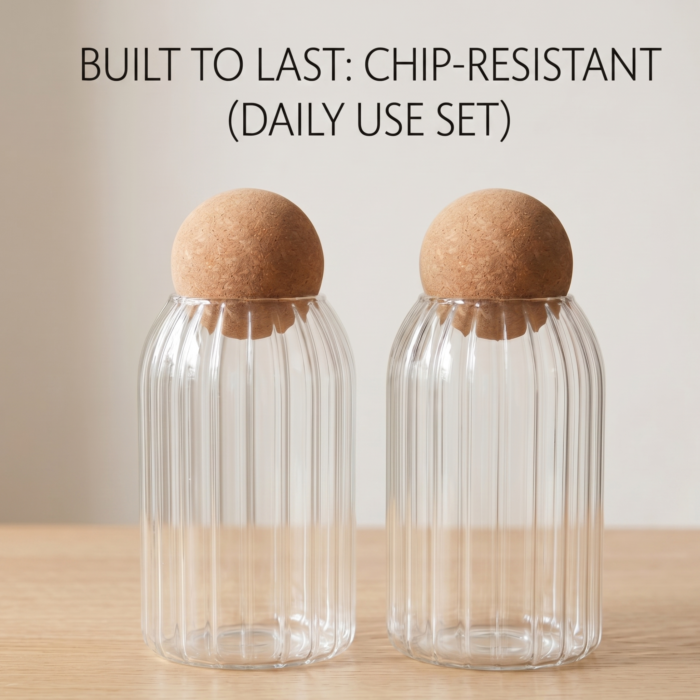 Glass Storage Jars with Cork Lid (Set of 2) | Ribbed Glass Containers for Dry Fruits, Spices & Kitchen Storage - Image 3