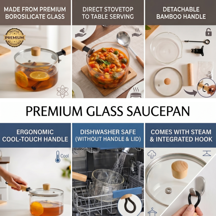 Borosilicate Glass Saucepan with Lid & Wooden Handle | Heat Resistant Cooking Pot for Milk, Tea & Sauce - Image 7